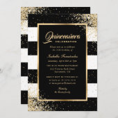 Elegant Modern Black Gold Confetti Quinceañera Einladung (Vorne/Hinten)
