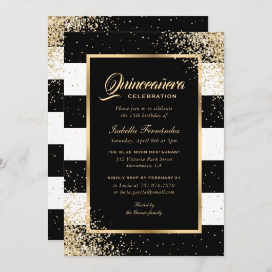 Elegant Modern Black Gold Confetti Quinceañera Einladung (Vorne/Hinten)