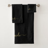 Elegant Modern Black Gold Monogram Name Scrip Badhandtuch Set (Insitu)