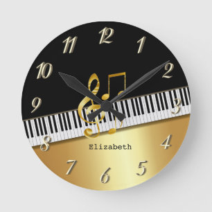 Elegant Modern Black Gold Music Notes,Piano Keys   Runde Wanduhr