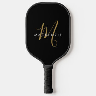 Elegant Modern Black Gold Script Monogram Pickleball Schläger