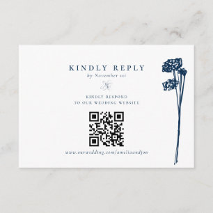 Elegant Modern Blue Floral Sketch Wedding RSVP QR Begleitkarte