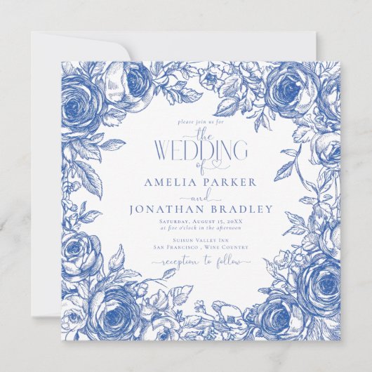 Elegant Modern Blue Florals Wedding Einladung (Vorderseite)