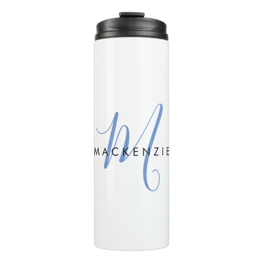 Elegant Modern Blue Script Monogram Thermosbecher (Vorderseite)