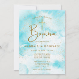 Elegant Modern Blue Watercolor Gold Cross Taufe Einladung