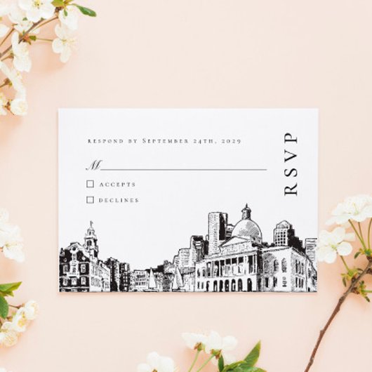 Elegant Modern Boston Sketch New England Wedding RSVP Karte