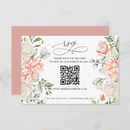 Elegant Modern Botanical Blush Floral QR CODE RSVP Karte (Vorne/Hinten)