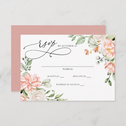 Elegant Modern Botanical Blush Floral Wedding RSVP Karte (Vorne/Hinten)