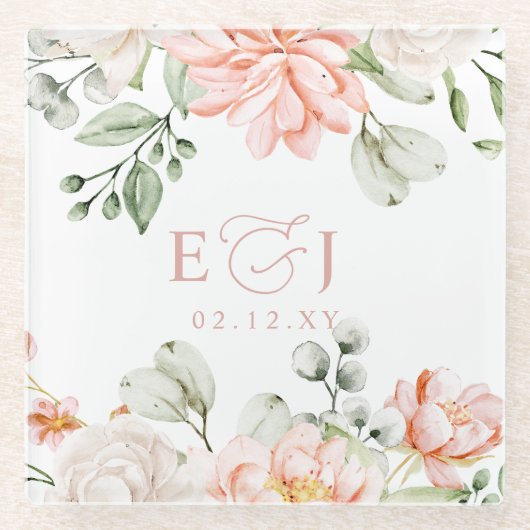 Elegant Modern Botanical Blush Pink Floral Wedding Glasuntersetzer (Vorderseite)