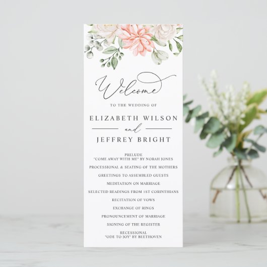 Elegant Modern Botanical Blush Pink Floral Wedding Programm (Stehend Vorderseite)