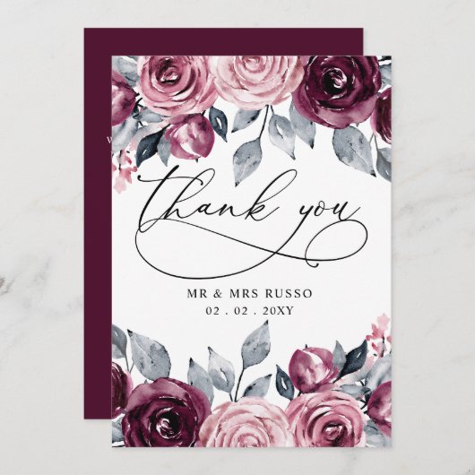Elegant Modern Botanical Burgundy Floral Wedding Dankeskarte (Vorne/Hinten)