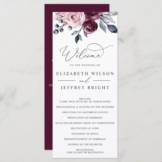 Elegant Modern Botanical Burgundy Floral Wedding Programm (Vorne/Hinten)