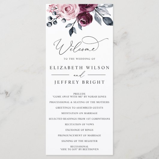 Elegant Modern Botanical Burgundy Floral Wedding Programm (Vorderseite)