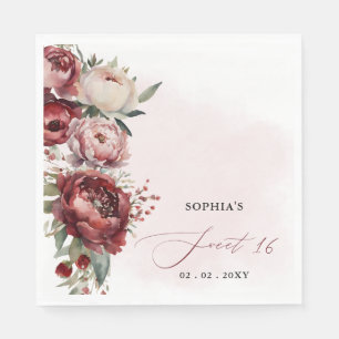 Elegant Modern Burgundy Blush Bloral Sweet 16 Serviette