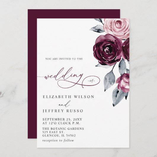 Elegant Modern Burgundy Floral Wedding Einladung (Vorne/Hinten)