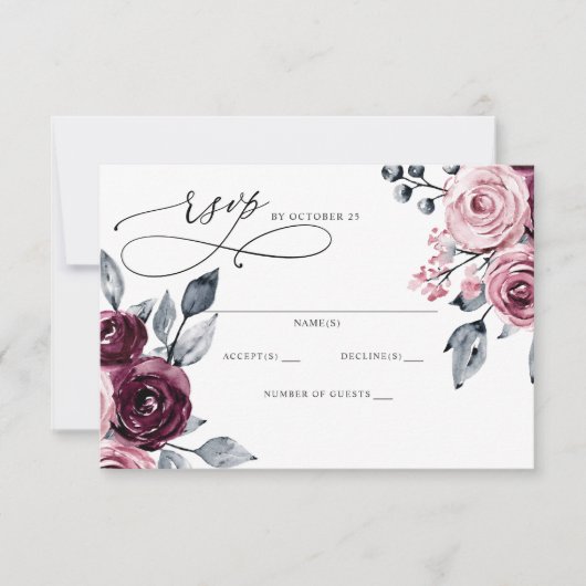 Elegant Modern Burgundy Floral Wedding RSVP Karte (Vorderseite)