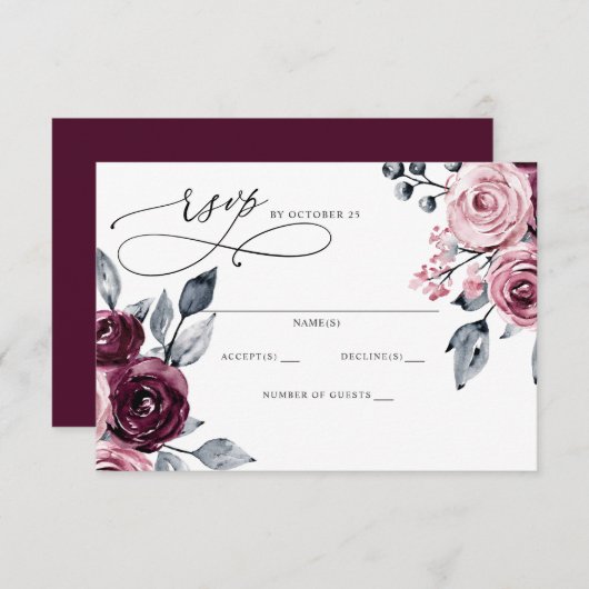 Elegant Modern Burgundy Floral Wedding RSVP Karte (Vorne/Hinten)
