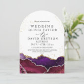 Elegant Modern burgundy lila Gold Agate Wedding Einladung (Stehend Vorderseite)