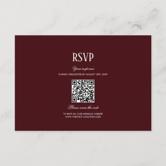 Elegant Modern Burgundy Wedding QR Code RSVP Begleitkarte (Vorderseite)