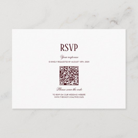Elegant Modern Burgundy Wedding QR Code RSVP Begleitkarte (Vorderseite)