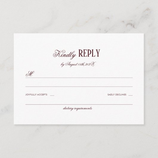Elegant Modern Burgundy Wedding Respond Begleitkarte (Vorderseite)