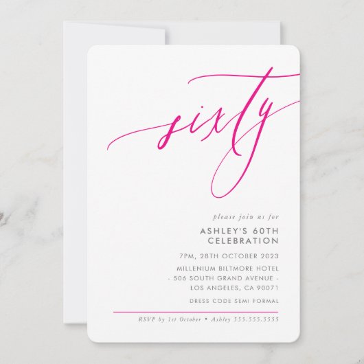 ELEGANT modern Calligraphy 60th party hot pink Einladung (Vorderseite)