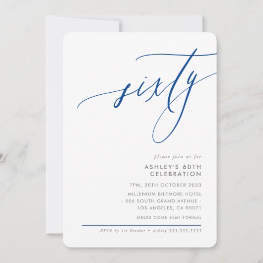 ELEGANT modern Calligraphy 60th party royal blue Einladung (Vorderseite)