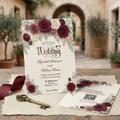 Elegant Modern Calligraphy Burgundy Rose QR Code Einladung