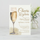 Elegant Modern Champagne Cheers 50th Birthday Einladung (Stehend Vorderseite)