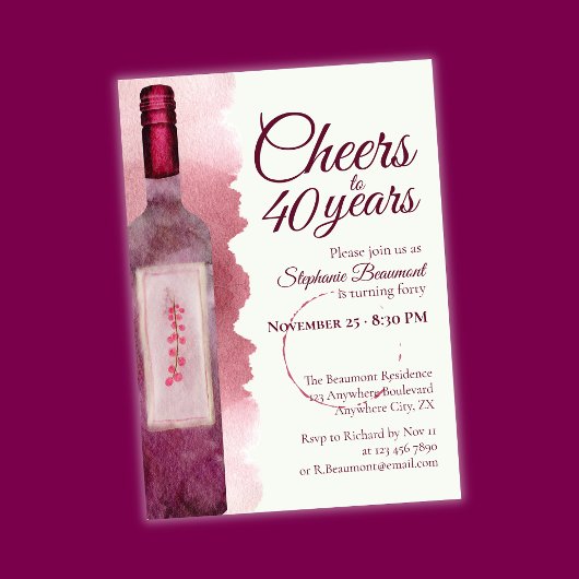 Elegant Modern Cheers Red Wine 40th Birthday Party Einladung
