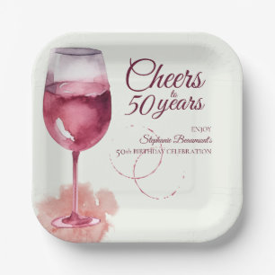 Elegant Modern Cheers Red Wine 50. Geburtstagspart Pappteller