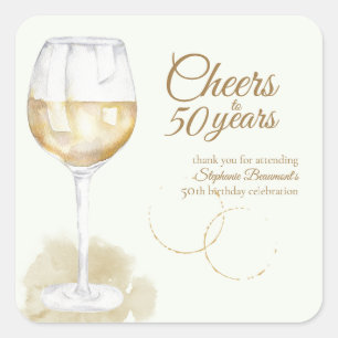 Elegant Modern Cheers White Wine 50. Geburtstag Quadratischer Aufkleber