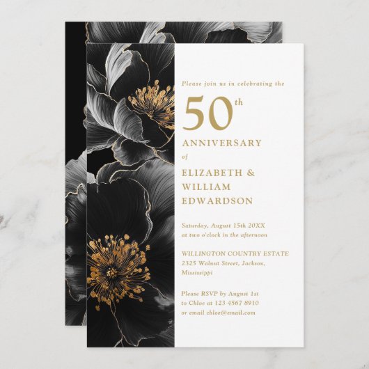 Elegant Modern Chic Floral 50 Jahre alt Einladung (Vorne/Hinten)