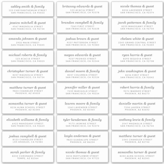 Elegant Modern Chic Wedding Guest Names Adresse Aufkleber (Vorderseite)