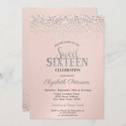 Elegant Modern Confetti Sweet 16 Einladung (Vorne/Hinten)