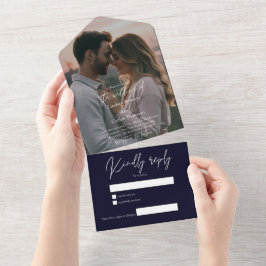 Elegant modern dark navy wedding photo with RSVP All In One Einladung