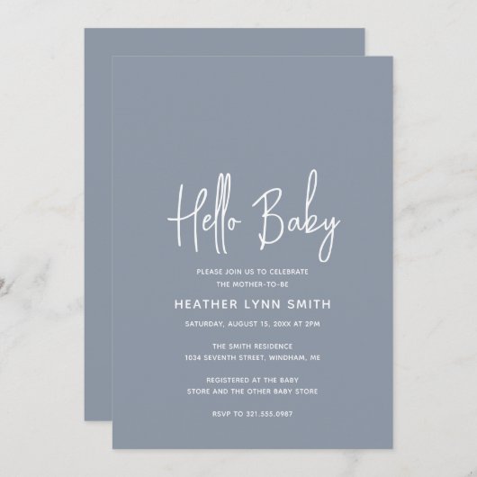 Elegant Modern Dusty Blue Boy Hello Baby Dusche Einladung (Vorne/Hinten)