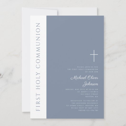 Elegant Modern Dusty Blue Cross Erste Kommune Einladung (Vorderseite)
