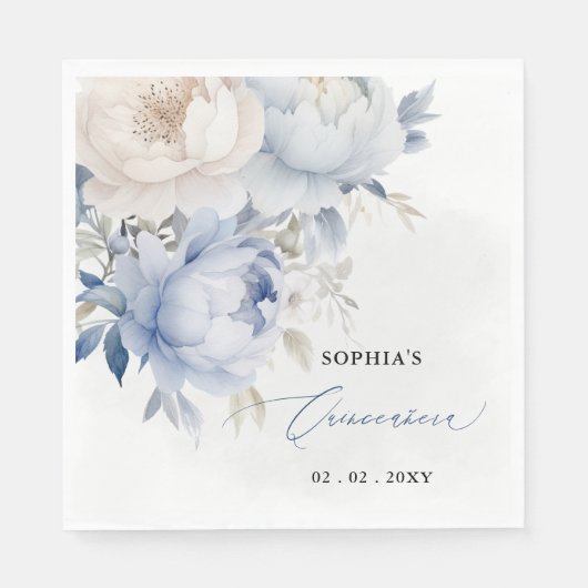 Elegant Modern Dusty Blue Floral Quinceñera Serviette (Vorderseite)