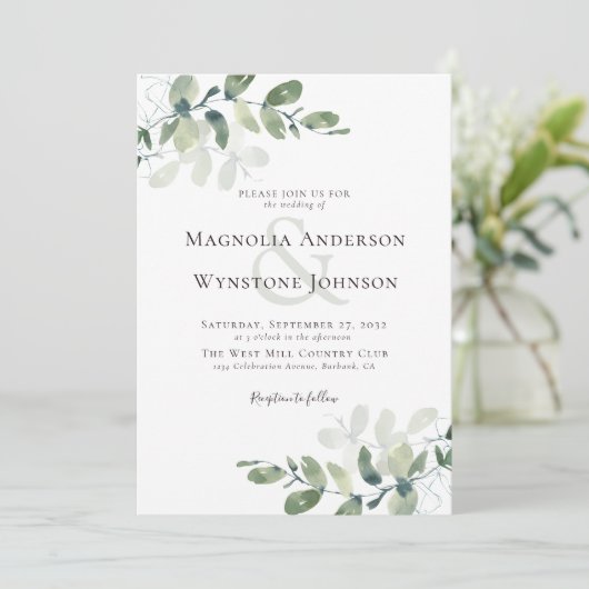 Elegant Modern Eukalyptus Greenerity Wedding Einladung (Stehend Vorderseite)