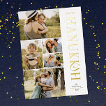Elegant Modern Five Foto Collage Hanukkah Folien Feiertagskarte<br><div class="desc">Senden Sie stilvolle Hanukkah Grüße mit diesen schönen 5 Foto Collage Karten! Sie verfügen über fünf Fotovorlagen auf den links Karten, mit eleganter, moderner Typografie auf der rechten Seite, die "Happy Hanukkah" in Echtfolie lesen (in Gold, Rose, Gold und Silber erhältlich). Die Rückseite der Karte enthält einfache diagonale Streifen in...</div>