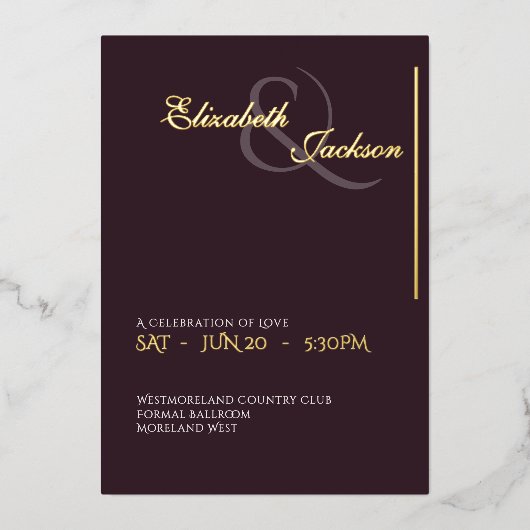 Elegant Modern Formal Plum Noir Wedding Gold Folieneinladung (Vorderseite)