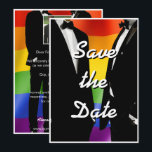 Elegant Modern Gay Men Wedding Photo Rainbow Save The Date<br><div class="desc">The Gay Men Wedding Elegant Modern collection offers a complete suite of coordinating stationery and accessories designed for two grooms. Two grooms in classic black tuxedos against a vibrant rainbow Pride flag, with bold brush script typography that brings a retro-nostalgic edge to a modern celebration. Every piece is fully customizable...</div>