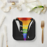 Elegant Modern Gay Men Wedding Rainbow Pappteller<br><div class="desc">The Gay Men Wedding Elegant Modern collection offers a complete suite of coordinating stationery and accessories designed for two grooms. Two grooms in classic black tuxedos against a vibrant rainbow Pride flag, with bold brush script typography that brings a retro-nostalgic edge to a modern celebration. Every piece is fully customizable...</div>