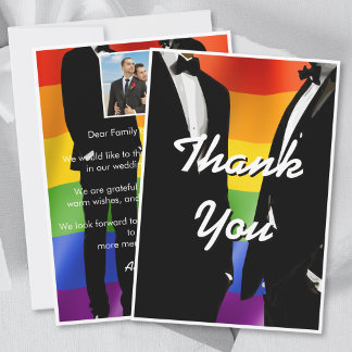 Elegant Modern Gay Men Wedding Rainbow Photo Dankeskarte