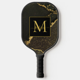 Elegant Modern Gold and Black Marbled Monogram Pickleball Schläger
