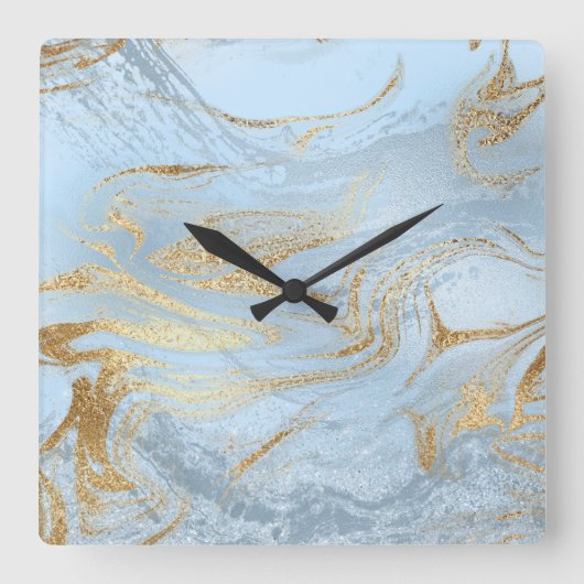 Elegant modern gold and light blue marble glitter quadratische wanduhr (Vorderseite)