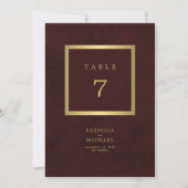 Elegant modern gold burgundy wedding table number (Vorderseite)