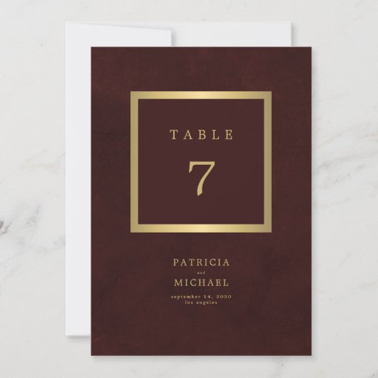 Elegant modern gold burgundy wedding table number (Vorderseite)