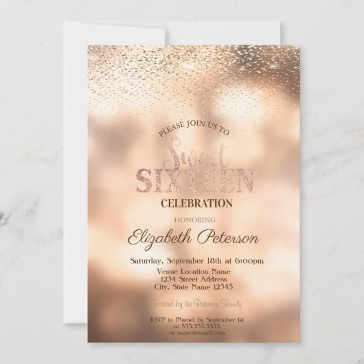 Elegant Modern Gold Confetti, Bokeh Sweet 16 Einladung (Vorderseite)